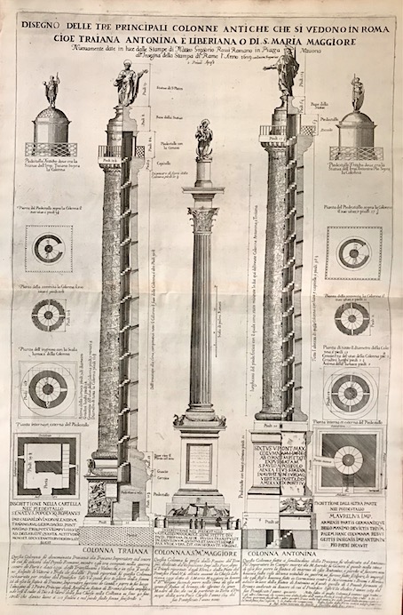 Anonimo Disegno delle tre principali colonne antiche che si vedono in Roma cioè Traiana, Antonina e Liberiana o di S. Maria Maggiore 1689 Roma